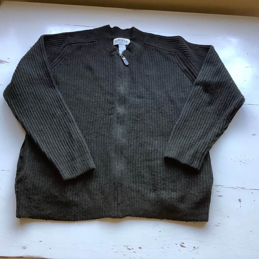 ORVIS shawl collar full zip lambs wool chunky sweater XL